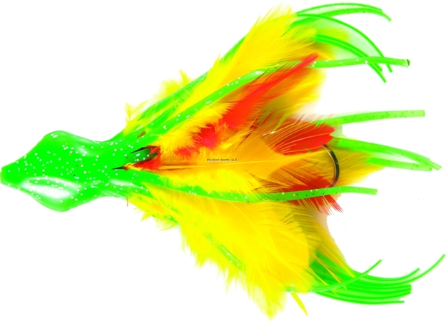 Picture of NO Alibi Dolphin Delight Trolling Lure, Rigged & Ready, Green/Yelow/Red Skirt, 1/4 OZ Head, 4.5", 7/0 Hook, 130 LB Mono, 3 FT