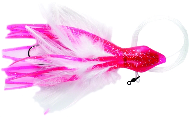 Picture of NO Alibi Dolphin Delight Trolling Lure, Rigged & Ready, Pink/White Skirt, 1.5 OZ Head, 6", 7/0 Hook, 135 LB Cable, 3 FT