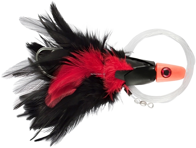 Picture of NO Alibi Trolling Feather Lure Rigged & Ready, Black/Red Skirt, 1 Oz, 7/0 Hook, 100 LB Mono, 6 FT