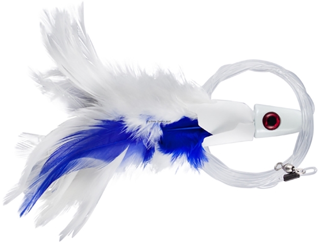 Picture of NO Alibi Trolling Feather Lure Rigged & Ready, White/Blue Skirt, 1 Oz, 7/0 Hook, 100 LB Mono, 6 FT