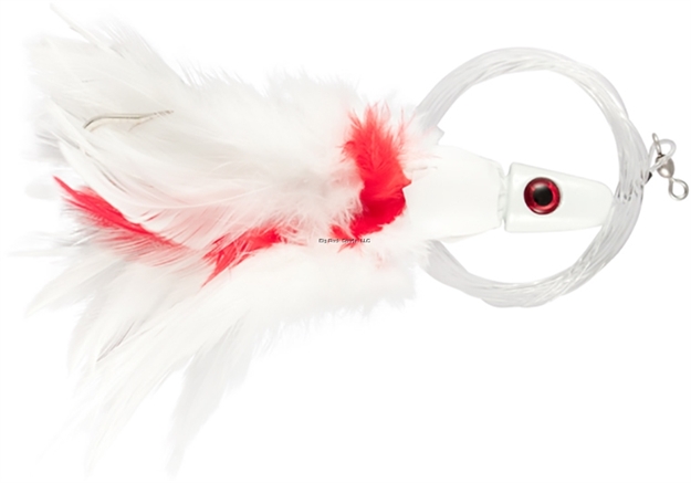 Picture of NO Alibi Trolling Feather Lure Rigged & Ready, White/Red Skirt, 1 Oz, 7/0 Hook, 100 LB Mono, 6 FT