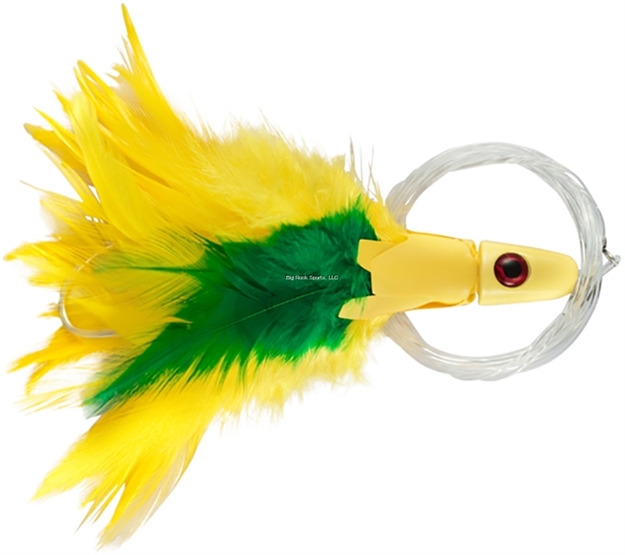 Picture of NO Alibi Trolling Feather Lure Rigged & Ready, Yellow/Green Skirt, 1 Oz, 7/0 Hook, 100 LB Mono, 6 FT