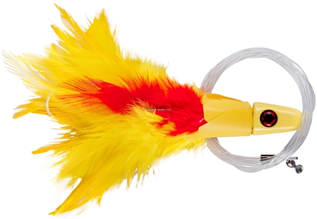 Picture of NO Alibi Trolling Feather Lure Rigged & Ready, Yellow/Red Skirt, 1 Oz, 7/0 Hook, 100 LB Mono, 6 FT
