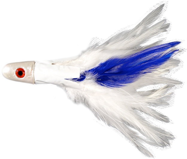 Picture of NO Alibi Trolling Feather Lure, White/Blue Skirt, 4 OZ Head