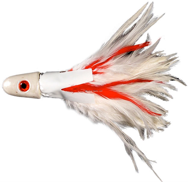 Picture of NO Alibi Trolling Feather Lure, White/Red Skirt, 1/2 OZ Head