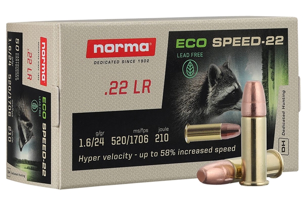 Picture of  Norma Ammunition 2423773 Dedicated Precision Ecospeed 22 LR 24 GR Copper Plated Zinc Core 50 Per Box/ 100 CS 4000294237737