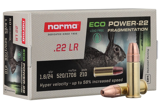 Picture of  Norma Ammunition 2423774 Fragmentation Hollow Point Ecopower 22 LR 24 GR Hollow Point (Hp) 50 Per Box/ 100 CS