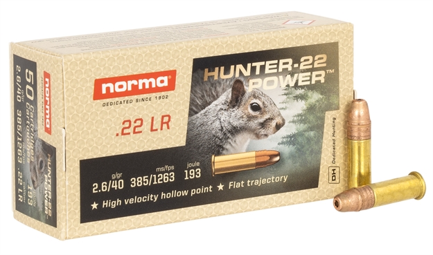 Picture of  Norma Ammunition 2425096 Dedicated Precision Hunter Power 22 LR 40 GR Jacket Hollow Point 50 Per Box/ 100 Case 4000294250965