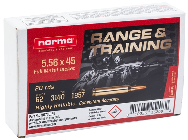 Picture of  Norma Ammunition 701706154 Range & Training  5.56X45mm Nato 62 GR Full Metal Jacket 20 Per Box/ 10 Case 810036152082
