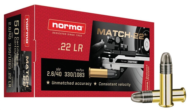 Picture of  Norma Ammunition 2425076 Dedicated Precision Match 22Lr 40Gr Lead Round Nose 50 Per Box/100 Case