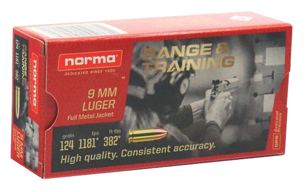 Picture of Norma Range Pistol Ammo 9Mm Luger Fmj 124 GR White Range Box 50 Rnd 620340050 810036150262