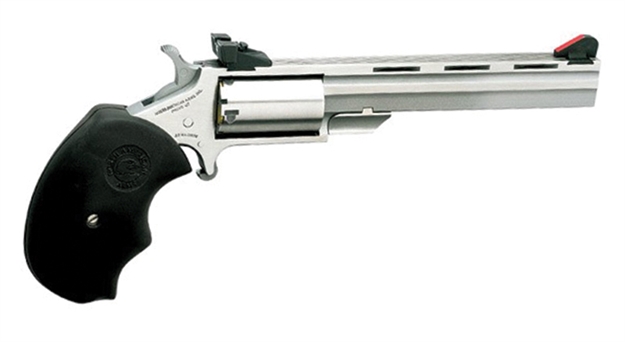 Picture of North American Arms Mmc Mini-Master *Ca Compliant 22 LR 22 Wmr 5 Shot 4" Stainless Vent Rib Barrel, Stainless Steel Frame & Cylinder, Black Finger Grooved Rubber Grip, Exposed Hammer NAA-MMC