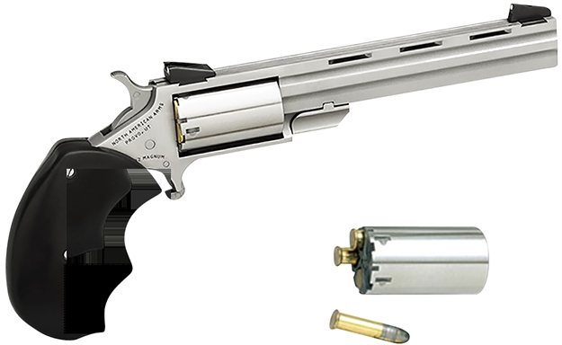 Picture of North American Arms Mmc Mini-Master *Ca Compliant 22 LR 22 Wmr 5 Shot 4" Stainless Vent Rib Barrel, Stainless Steel Frame & Cylinder, Black Finger Grooved Rubber Grip, Exposed Hammer NAA-MMC 744253000553