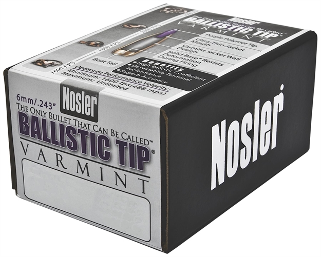 Picture of Nosler Rifle Bullets 6Mm 55Gr Ballistic Tip Varmit Spitzer/Purple Tip .243 100Bx 24055 054041240550