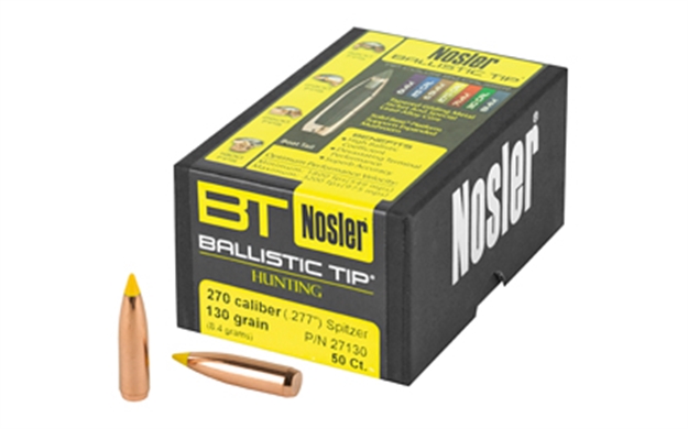 Picture of Nosler Rifle Bullets 270Cal 130Gr Ballistic Tip Spitzer .277 Yellow Tip 50Bx 27130 054041271301