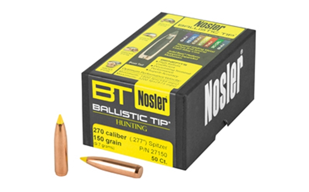 Picture of  Nosler 27150 Ballistic Tip Hunting 270 Caliber .277 150 GR Spitzer 50 Per Box 054041271509