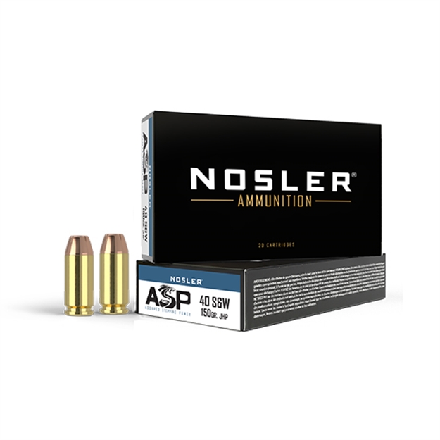 Picture of  Nosler 51181 Assured Stopping Power Handgun 40 S&W 150 GR Jacket Hollow Point 50 Per Box/ 10 CS 054041511810