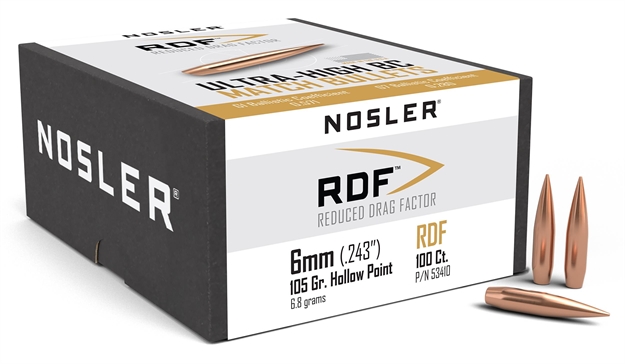 Picture of Nosler Rdf Reduced Drag Factor Rifle Bullets, 6Mm 105 Hpbt Bullets 100 CT 53410