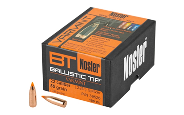 Picture of Nosler Rifle Bullets 22Cal 55 GR Ballistic Tip Varmit Spitzer/Orange Tip .224 100Bx 39526