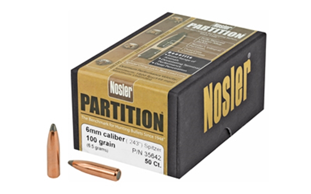 Picture of Nosler Rifle Bullets 6Mm 100Gr Partition Spitzer .243 50Bx 35642 054041356428