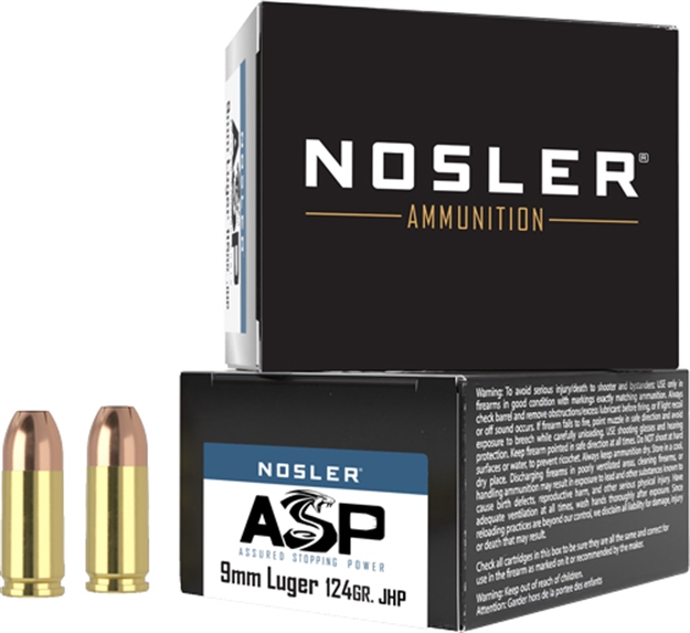 Picture of  Nosler 51286 Assured Stopping Power Handgun 9Mmluger 124Gr Jacketed Hollow Point 20 Per Box/20 Case 054041512862