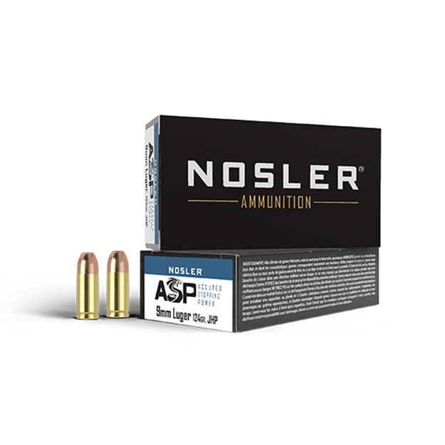 Picture of  Nosler 51054 Assured Stopping Power Handgun 9Mm Luger 124 GR Jacket Hollow Point 50 Per Box/ 10 CS 054041510547