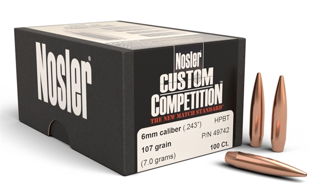 Picture of  Nosler 49742 Custom Competition 6Mm 107Gr Hollow Point Boat Tail 100/Box 054041497428