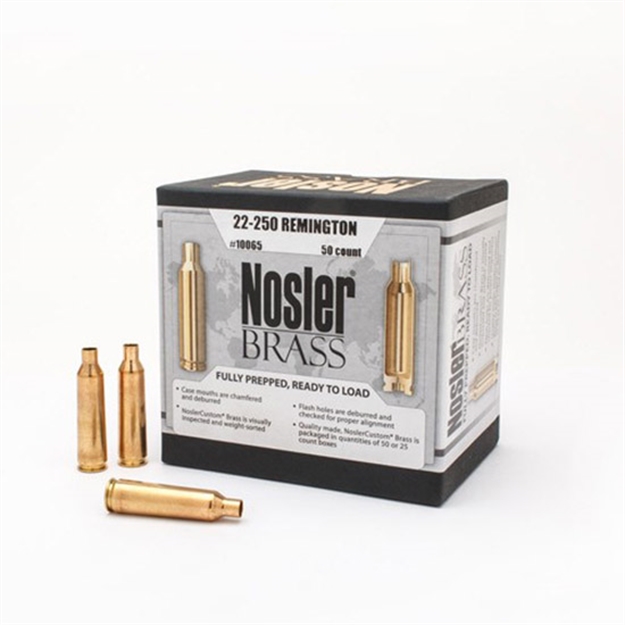 Picture of  Nosler 10065 Premium Brass Unprimed Cases 22-250Rem Rifle Brass 50/Box 054041100656