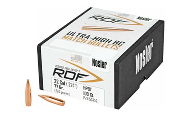 Picture of Nosler Rdf Reduced Drag Factor Rifle Bullets, 22 Cal 77 GR Hpbt 100Bx 53452
