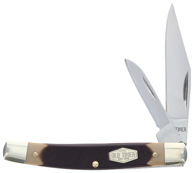 Picture of  Old Timer 1179231 Middleman Jack 2.50" 1.70" Folding Clip/Sheepsfoot Plain Stainless Steel Blade Black/Tan Sawcut Bone Handle 661120652977