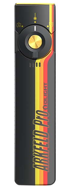 Picture of  Olightstore Usa Inc Arkfeldpro3rrsv3 Arkfeld Pro  Black/Racing Stripes 1/15/100/420/1,300 Lumens White Led Green Laser UV Light 6975498005575