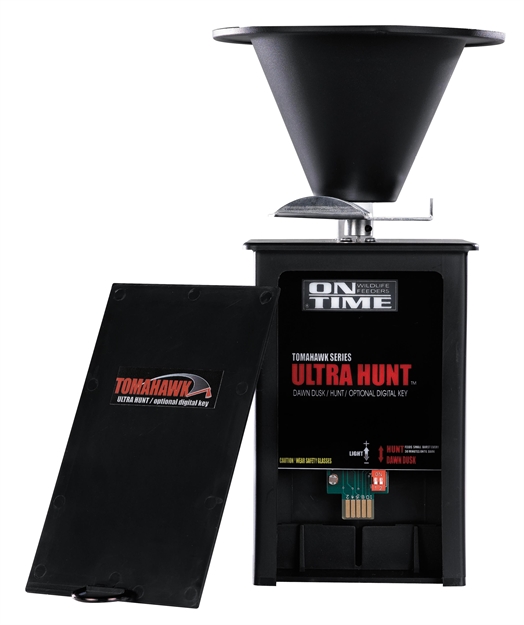 Picture of  ON Time 43005 Tomahawk Ultra Hunt Feeder Black Waterproof High-Impact Composite, Heavy Duty Motor, Dawn-Dusk Mode Operation, 4 Feed Times With 1-20 Second Duration, Universal Mount 797539430056