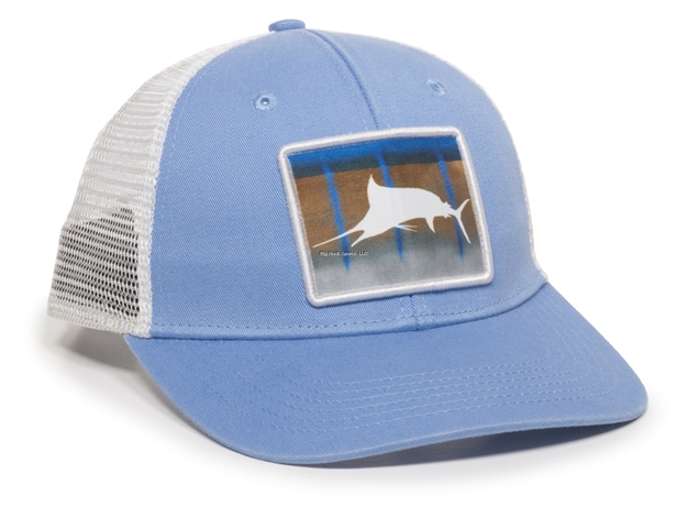 Picture of Outdoor Cap Blue/White With Marlin Patch 6 Panel Structured Mesh Back Fishing Cap With Plastic Snap