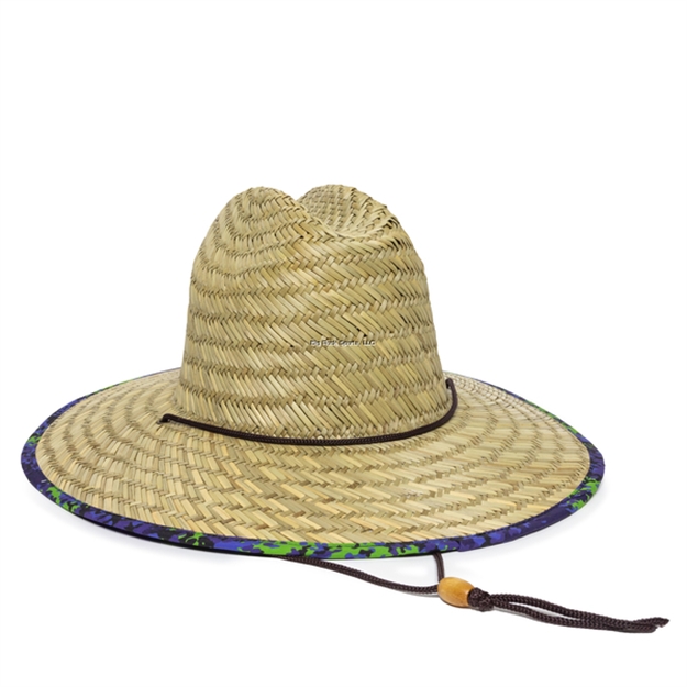 Picture of Outdoor Cap Lifeguard Straw, Natural Color W/Blue & Green Print Pattern Underneath, One Size Fits Most