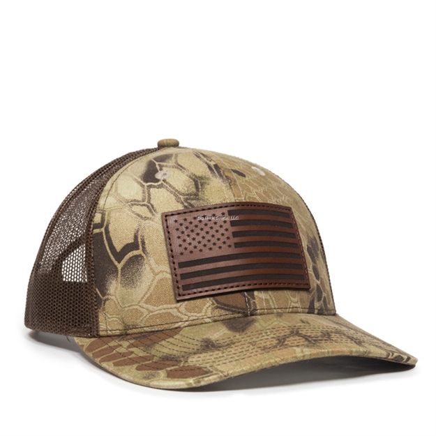 Picture of Outdoor Cap Meshback Cap With American Flag Leather Patch ON Front Center, Kryptek Highlander/ Brown