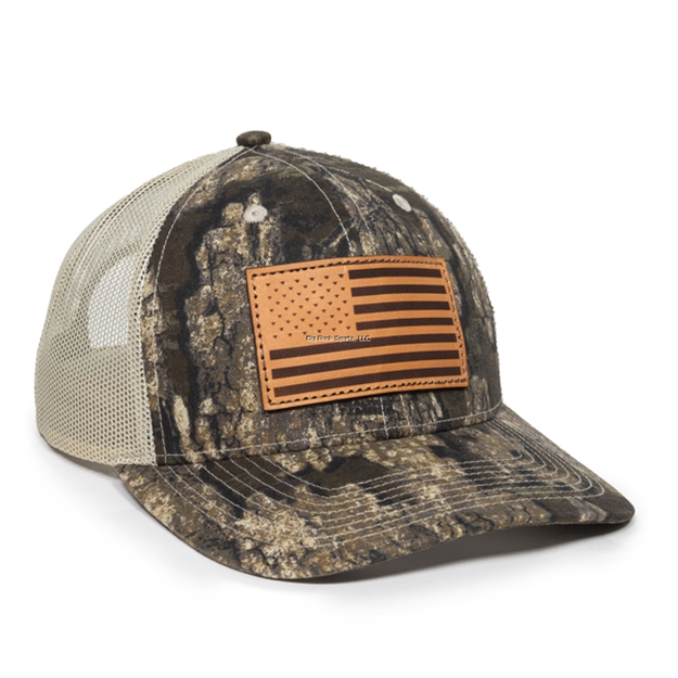 Picture of Outdoor Cap Meshback Cap With American Flag Leather Patch ON Front Center, Realtree Timber/ Tan