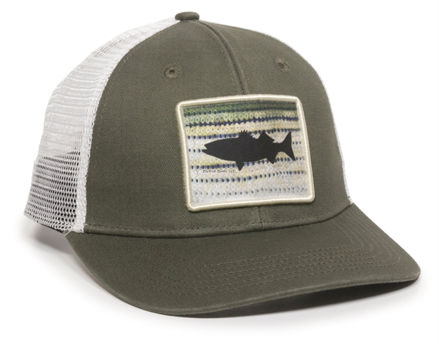 Picture of Outdoor Cap Olive/White With Striper Patch 6 Panel Structured Mesh Back Fishing Cap With Plastic Snap