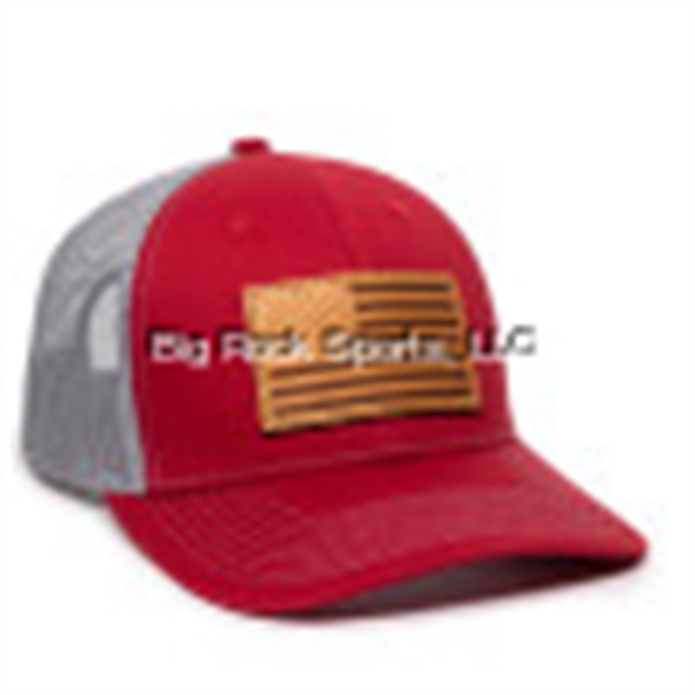 Picture of Outdoor Cap Usa Leather Patch Flag Logo Mid Crown Meshback Cap, Cardinal/Grey