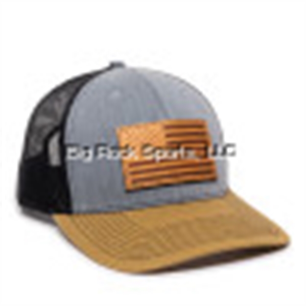 Picture of Outdoor Cap Usa Leather Patch Flag Logo Mid Crown Meshback Cap, Heathered Grey/Blk/O Gold