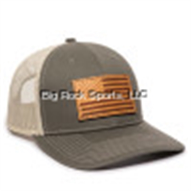 Picture of Outdoor Cap Usa Leather Patch Flag Logo Mid Crown Meshback Cap, Olive/Khaki