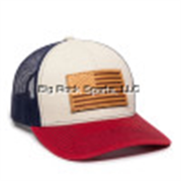 Picture of Outdoor Cap Usa Leather Patch Flag Logo Mid Crown Meshback Cap, Stone/Navy/Cardinal