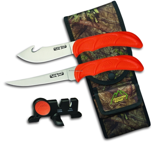 Picture of Outdoor Edge Wild-Bone 4" Skinner And 5" Boning Fixed Blade Knives, Orange Tpr Handles, Mossy Oak Nylon Sheath,  Clam