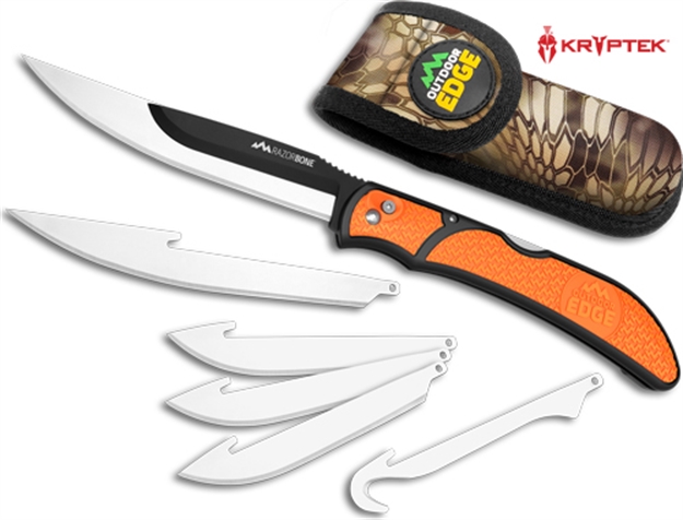 Picture of  Outdoor Edge Rbb20c Razorbone  6 Blades, Folding 3.40" Gut Hook/3.50" Drop Point/5" Fillet Satin/Black Oxide 420J2 SS Blades, Blaze Orange Textured Grivory W/Tpr Inserts Handle 743404202037