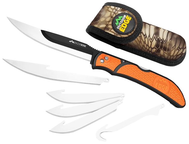 Picture of  Outdoor Edge Rbb20c Razorbone  6 Blades, Folding 3.40" Gut Hook/3.50" Drop Point/5" Fillet Satin/Black Oxide 420J2 SS Blades, Blaze Orange Textured Grivory W/Tpr Inserts Handle
