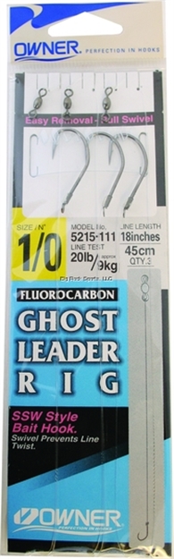 Picture of Owner Ghost Leader Fluorocarbon 3Pk W/Bait HK Sz1/0 20Lb Black Chrome