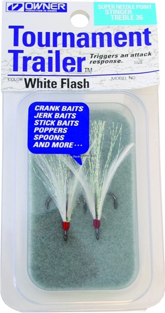 Picture of Owner Stinger-36 Tournament Trailer Treble Hook, Size 2, Needle Point, Black Chrome, White Flash Feather, 2 Per Pack