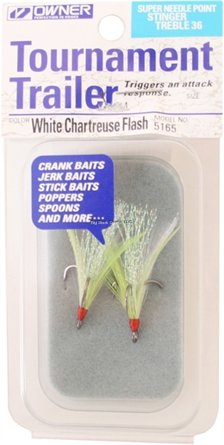 Picture of Owner Stinger-36 Tournament Trailer Treble Hook, Size 4, Needle Point, Black Chrome, White/Chartreuse Flash Feather, 2 Per Pack