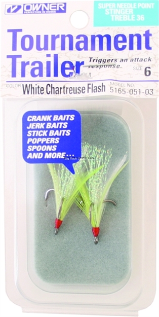 Picture of Owner Stinger-36 Tournament Trailer Treble Hook, Size 6, Needle Point, Black Chrome, White/Chartreuse Flash Feather, 2 Per Pack