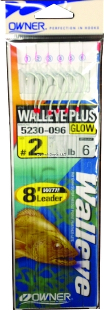 Picture of Owner Walleye Plus Snelled Rig, Size 2, Hot Glow Shank, Super Sharp, All Purpose, Chartreuse, 6 Per Pack