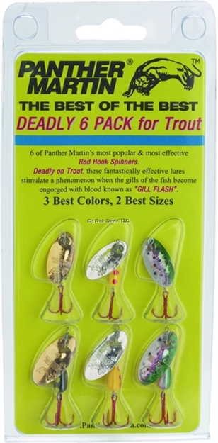 Picture of Panther Martin Deadly Six Spinner Kit, #2/#4, Black & Gold/Yellow & Red/Rainbow, 6/Pack